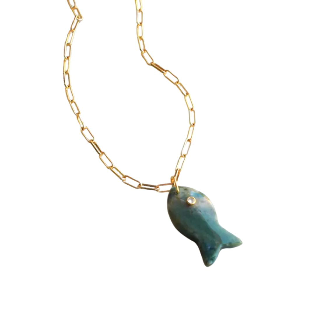 Large Gemstone Fish Pendant Necklace