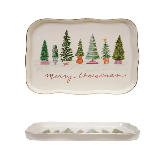 Holiday Scalloped Platter with Trees & Gold Trim