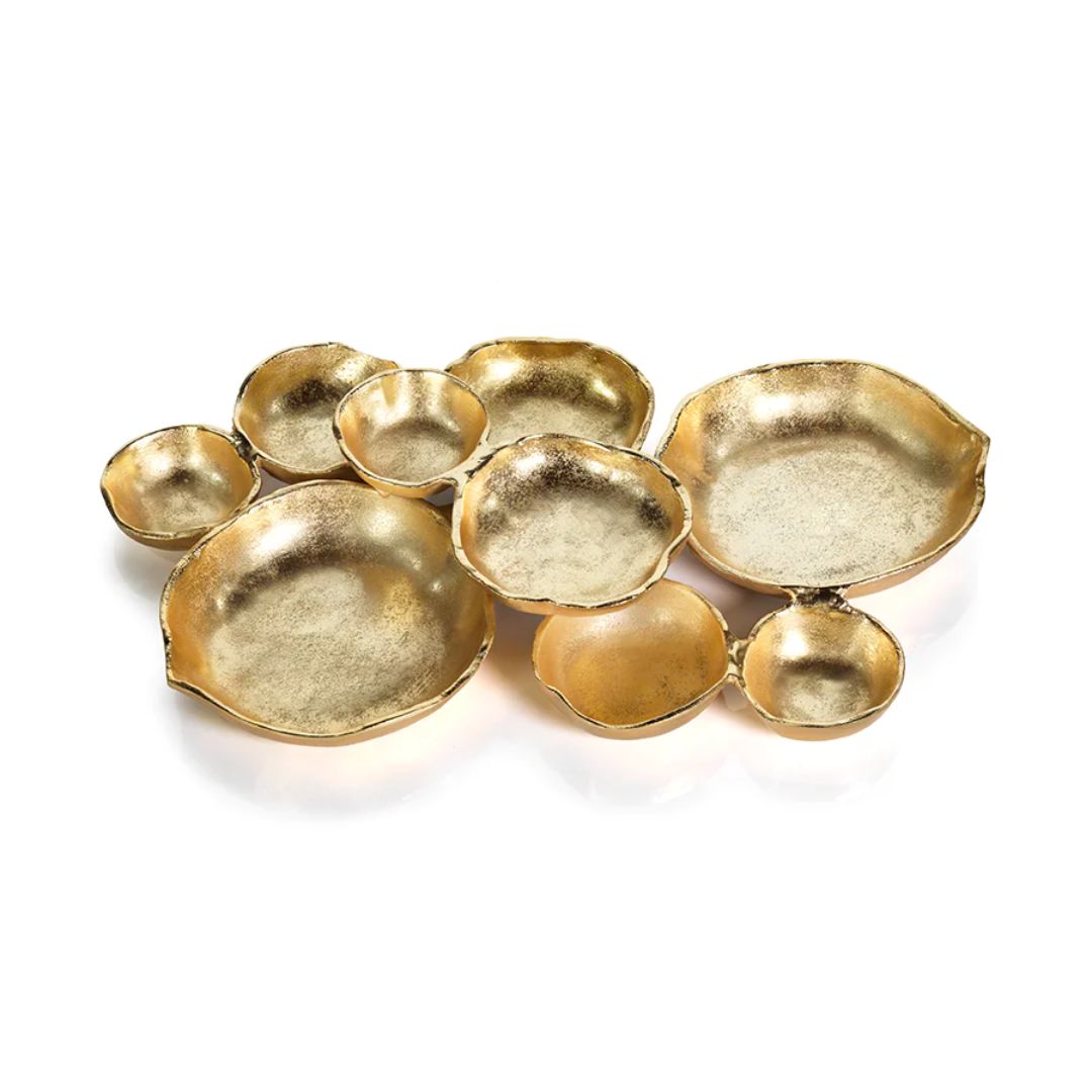 Cluster of 9 Gold Round Serving Bowls