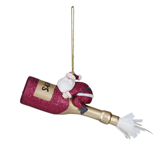 Champagne Bottle Ornament with Resin Santa