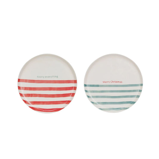 Stoneware Plate with Stripes & Holiday Saying