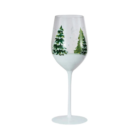 12 oz. Hand-Painted Stemmed Wine Glass with Trees & Snow