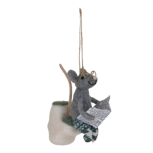 Wool Felt Mouse on Toilet with Newspaper Ornament