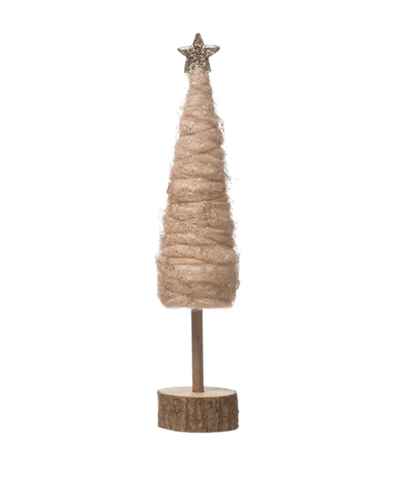 Holiday Wrapped Wool Cone Tree with Glitter and Star