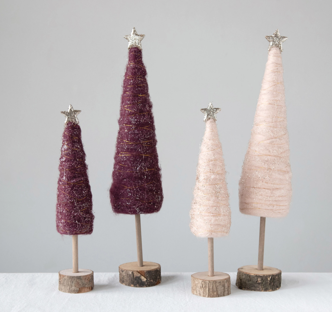 Holiday Wrapped Wool Cone Tree with Glitter and Star
