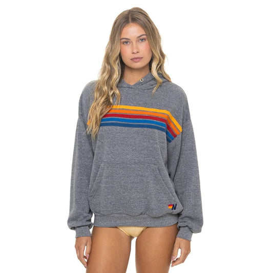 Aviator Nation 5 Stripe Relaxed Pullover Hoodie-Heather Grey