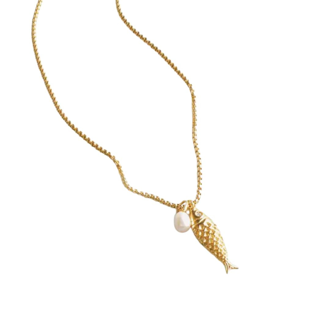 Gold Fish Pearl Pendant Necklace
