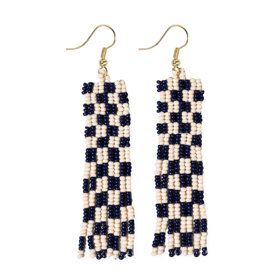 Ink and Alloy Harriet Woven Top Gingham Beaded Fringe Earrings