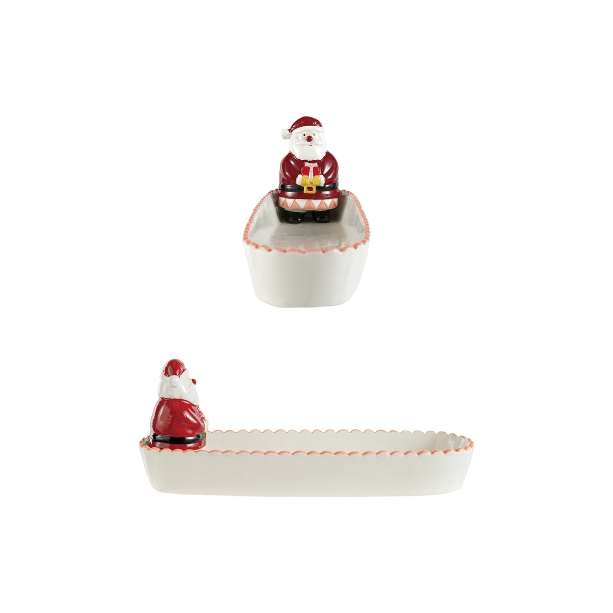 Ceramic Scalloped Cracker Dish with 3D Santa, Red, White & Black ©