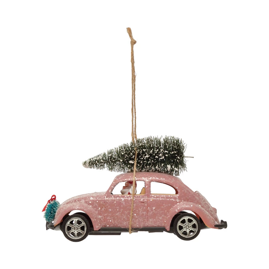 Holiday Car Ornament with Bottle Brush Tree